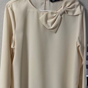 Zara Ivory Bow-Accent Long Sleeve Top